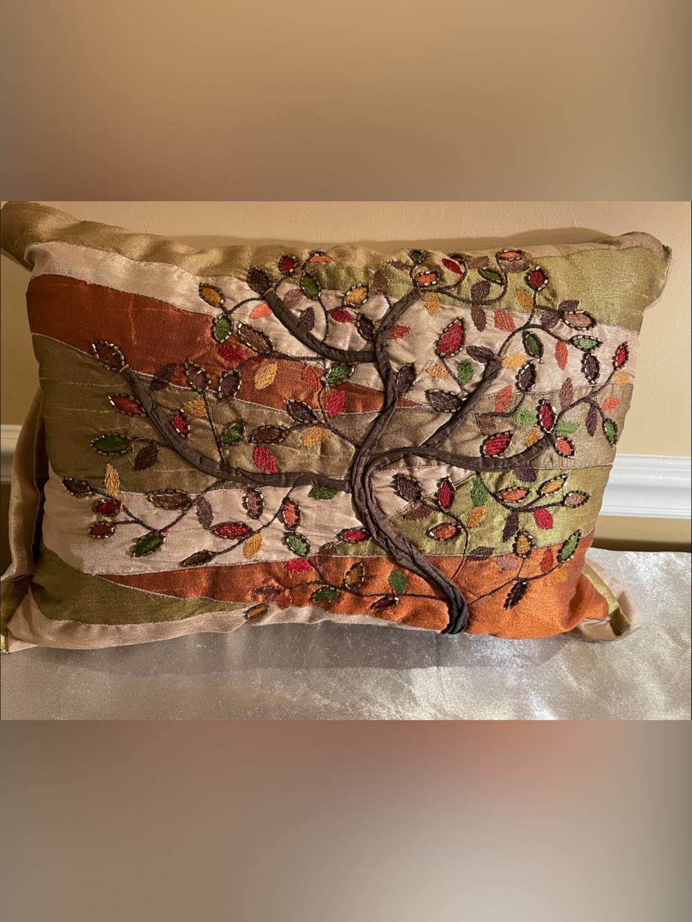 Embroidered & embellished Autumn Tree Motif Decorative Throw Pillow -Pier One